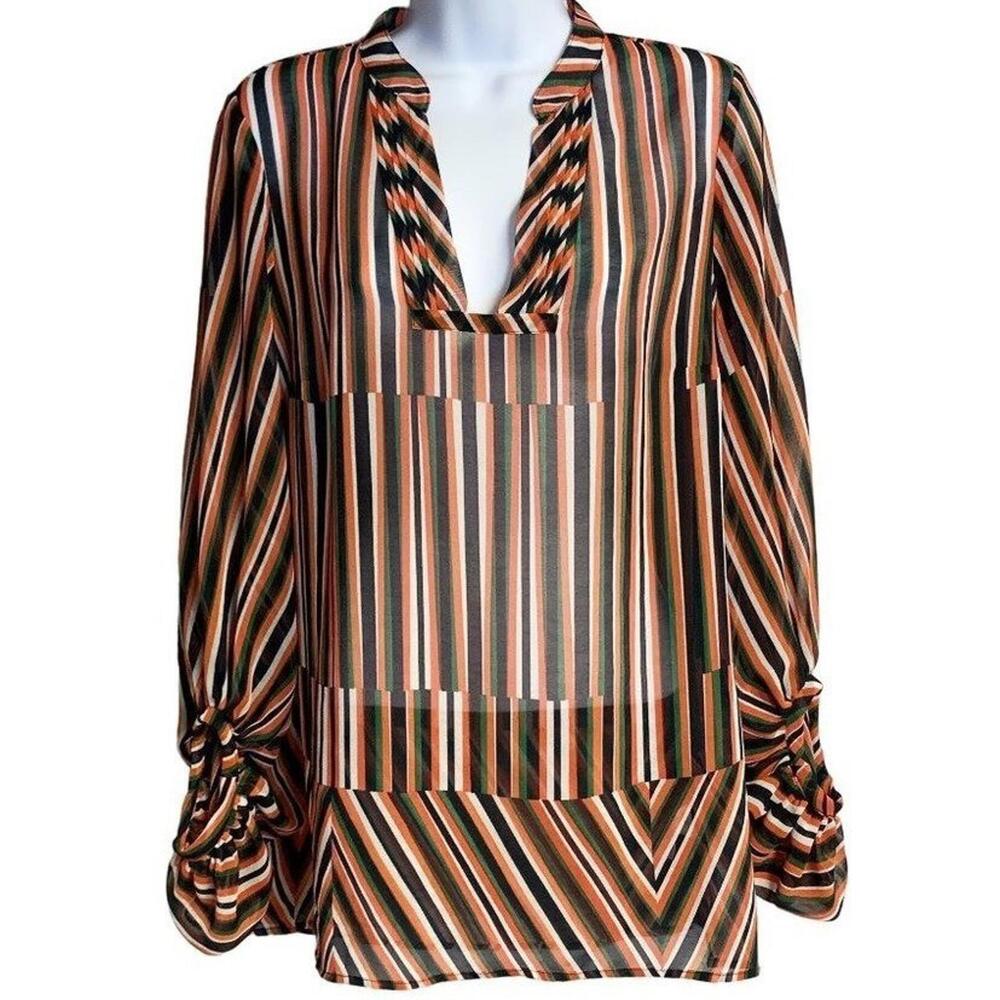 Cabi Ultimate Blouse Multicolor‎ Long Sleeve Balloon Sleeve Striped Sheer XS Top